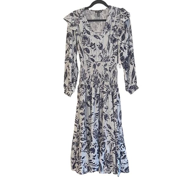 AQUA Linen Blend Smocked Tiered V Neck Ling Sleeve Blue Print Dress NWT Small - Picture 3 of 11